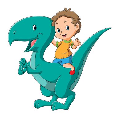 Çocuk resimlerin dinozor megalosaurus 'una biniyor.