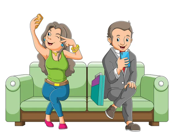 Hombre Las Mujeres Están Jugando Teléfono Mano Ilustración — Vector de stock