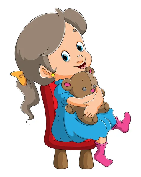 Little Girl Holding Doll Sitting Chair Illustration — Stock Vector