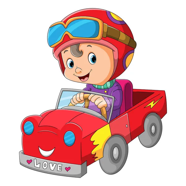 かわいい男の子がイラストのフラッシュカーに乗っています — ストックベクタ