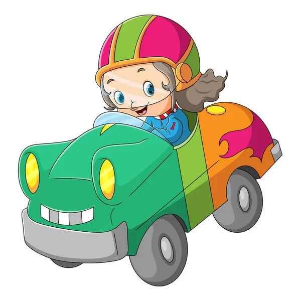 レーサーの女の子はイラストのキャラクターで車に乗っています — ストックベクタ