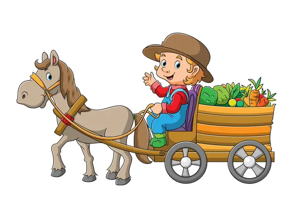 Αγρότης Άλογο Τραβάει Ένα Κάρο Λαχανικά Εικονογράφησης — Διανυσματικό Αρχείο