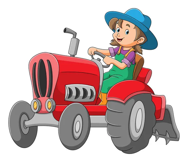 Farmer Girl Driving Tractor Illustration — Stock Vector