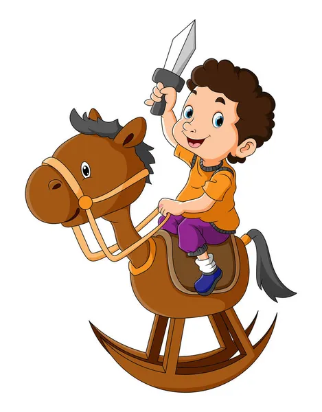 Chłopiec Trzyma Miecz Bawi Się Końską Zabawkę Ilustracji — Wektor stockowy
