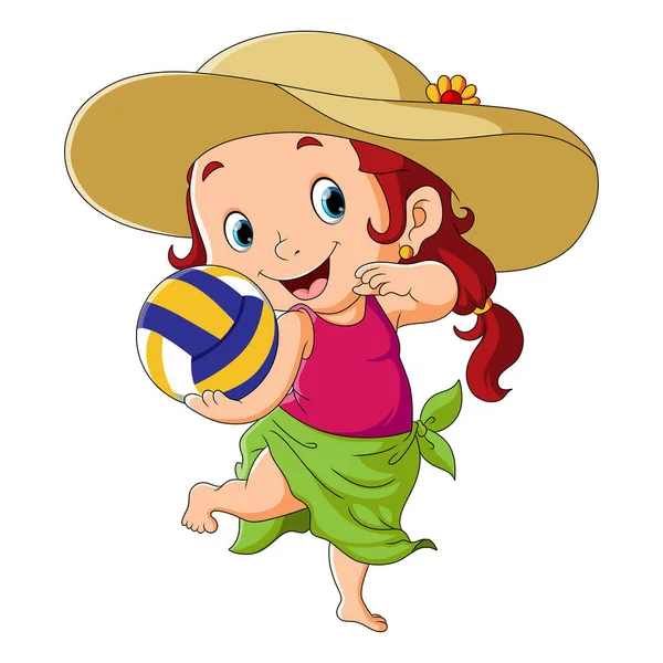 Chica Feliz Está Jugando Voleibol Playa Ilustración — Vector de stock
