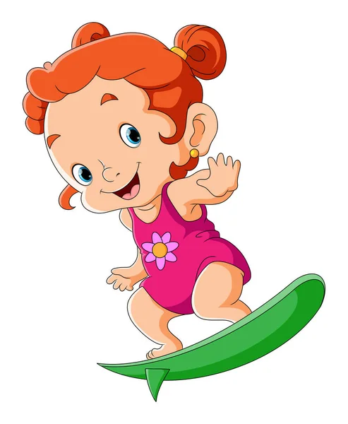 Chica Feliz Está Jugando Tabla Surf Ilustración — Vector de stock