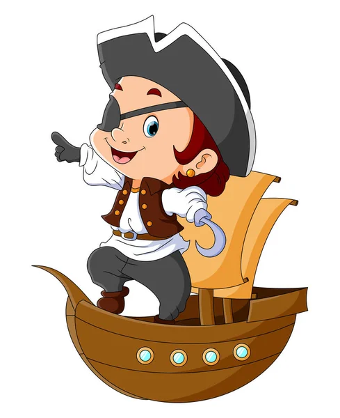 Chico Pirata Está Pie Barco Pirata Ilustración — Vector de stock