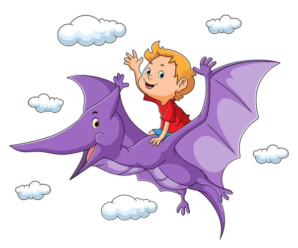 Jongen Vliegt Met Dinosaurus Pteradonon Van Illustratie — Stockvector