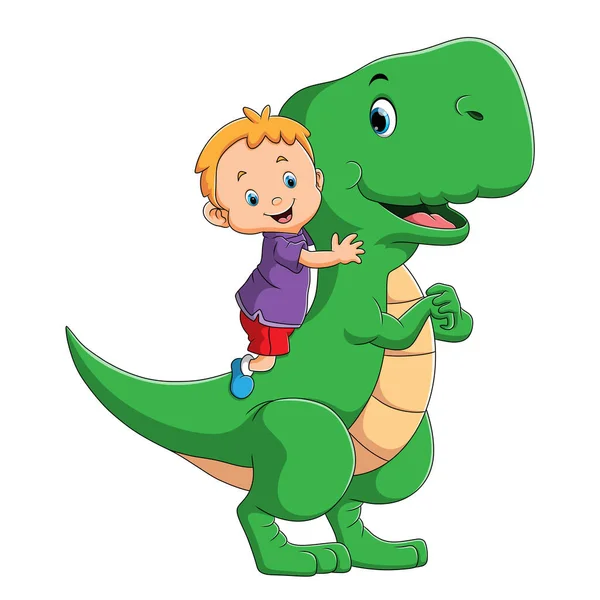 Chłopiec Przytula Tyranozaura Dinozaura Ilustracji — Wektor stockowy