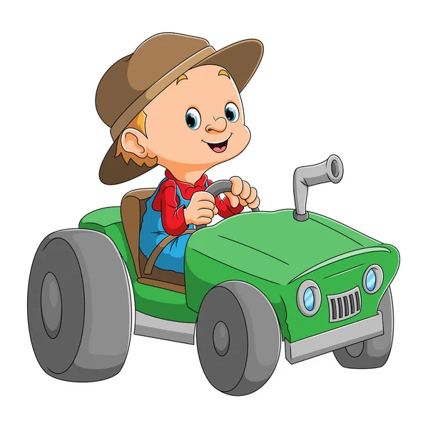 Der Junge Fährt Mit Dem Traktor Den Garten Der Illustration — Stockvektor
