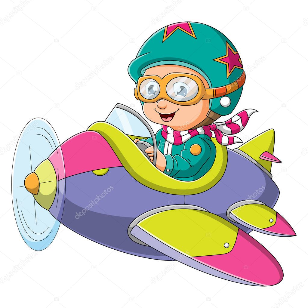 The happy man is flight a plane with the pilot costume of illustration