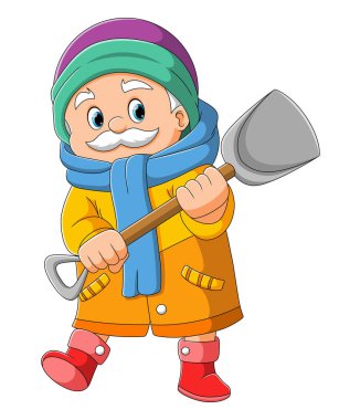 Yaşlı adamın elinde bir kürek illüstrasyon var.