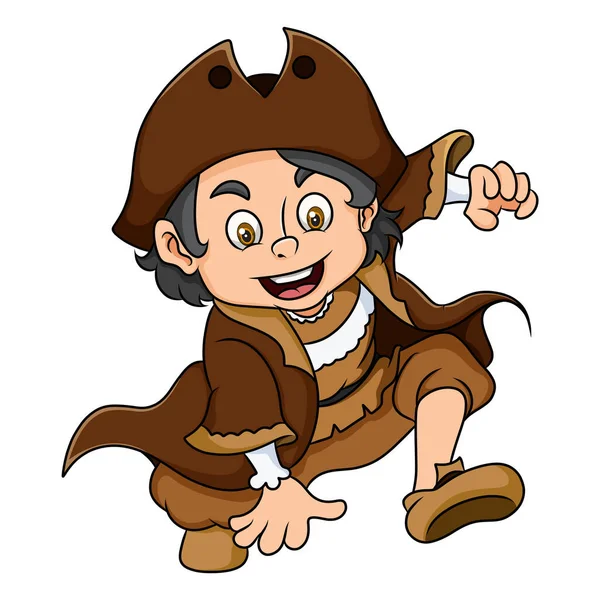 Chico Columbus Con Disfraz Pirata Está Corriendo Ilustración — Archivo Imágenes Vectoriales