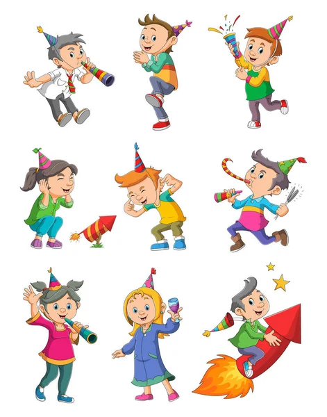 Collection Children Celebrating New Years Event Illustration — Stock Vector