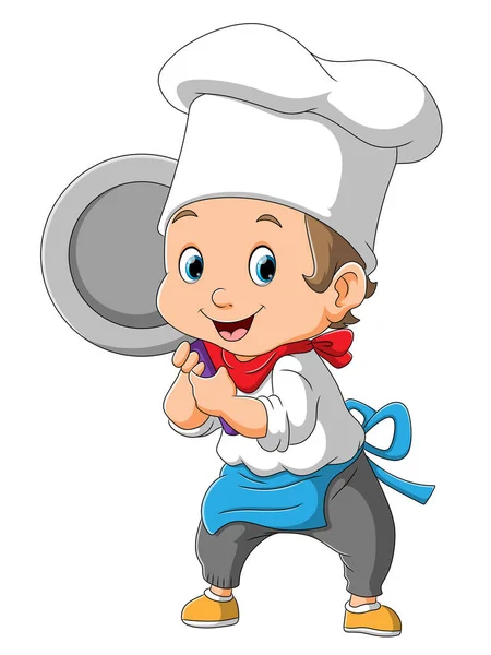 Chef Drôle Tient Une Poêle Frire Illustration — Image vectorielle