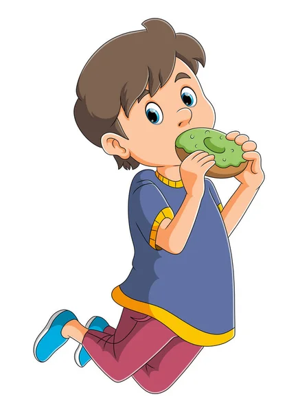 少年はイラストのジャンプ中にドーナツを食べています — ストックベクタ