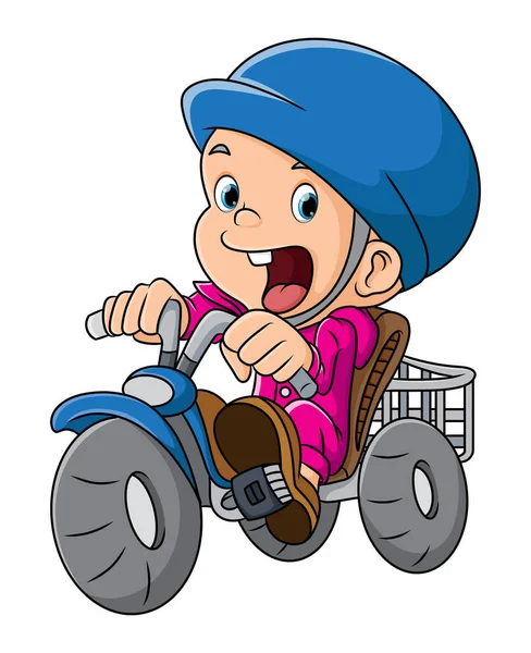Anak Itu Mengendarai Sepeda Dengan Helm Penuh Ilustrasi - Stok Vektor