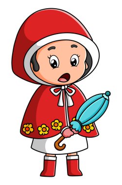 Yağmurluklu küçük kız resmin şemsiyesini tutuyor.