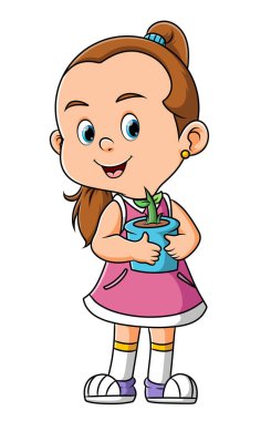 Şirin kız küçük bir vazo taşıyor ve illüstrasyon bitkisi ekiyor.