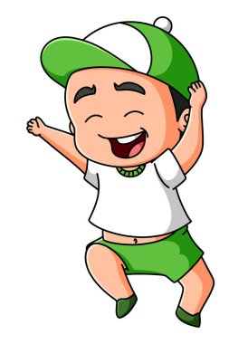 Mutlu çocuk heyecanlanıyor ve resimli bir şapka takıyor.