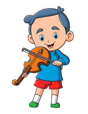Mutlu çocuk çizim çubuğuyla keman çalıyor ve ovuyor.
