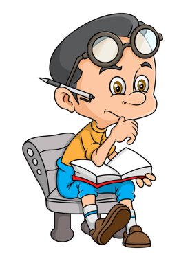 Genç çocuk kitabı açıyor ve resimle ilgili bir şeyler düşünüyor.