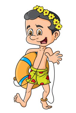 Hawaii 'li çocuk yürüyor ve resimlerin yüzme lastiğini tutuyor.