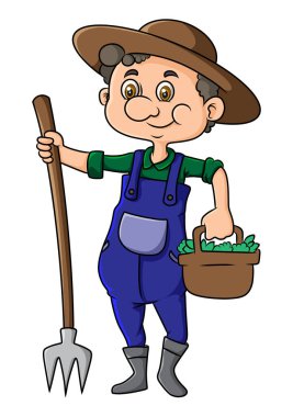 Yaşlı çiftçi yabayı ve sebze sepeti tutuyor.