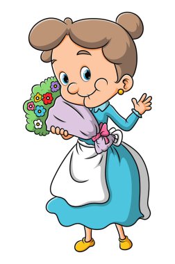 Yaşlı kadın sevgililer gününde elinde bir kova çiçek tutuyor.