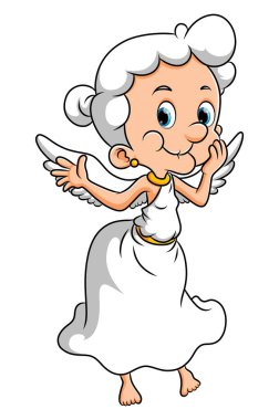 Yaşlı melek kadın resimlerin beyaz kanatlarında uçuyor.