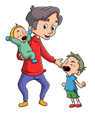 Mutlu genç baba resimli çocukları sakinleştiriyor.