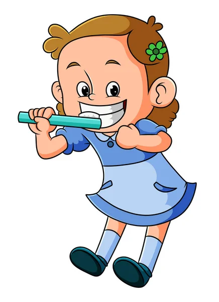 这个女孩正在用图解的牙刷给自己的牙打了个手势 — 图库矢量图片