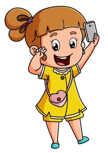 这个可爱的女孩正在摆姿势 拿着插画手机自拍 — 图库矢量图片