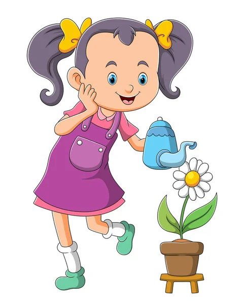 Het Gelukkige Meisje Geeft Bloem Water Ochtend Van Illustratie — Stockvector