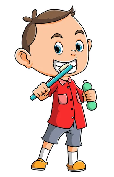 Menino Está Mostrando Como Escovar Dentes Ilustração — Vetor de Stock
