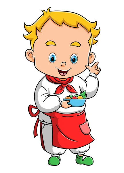 Little Chef Boy Cooking Vegetables Kitchen Illustration — Stock Vector