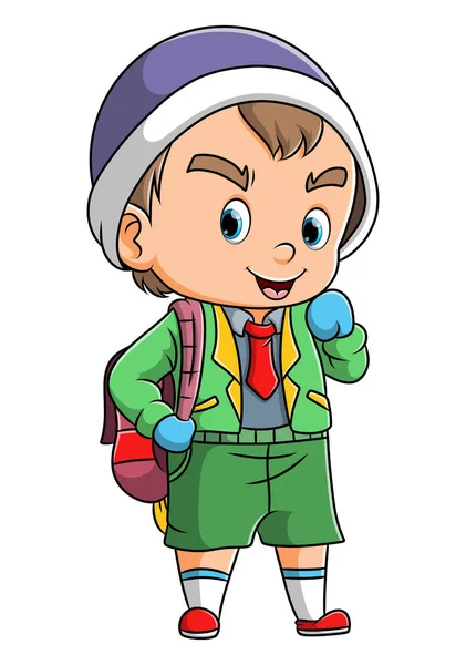 Little Boy Ready School Wearing Uniform Illustration — Stock Vector