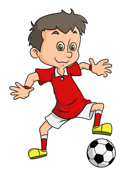 幸せなサッカー少年がイラストのボールを蹴っています — ストックベクタ