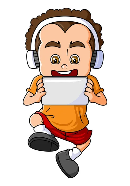 Bambino Sta Giocando Gioco Con Tablet Illustrazione — Vettoriale Stock
