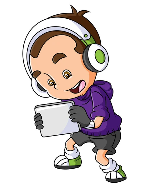 Happy Gaming Boy Playing Game Tablet Illustration — Stock Vector