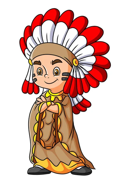 Den Coola Indian Pojke Med Den Traditionella Kostym Illustration — Stock vektor