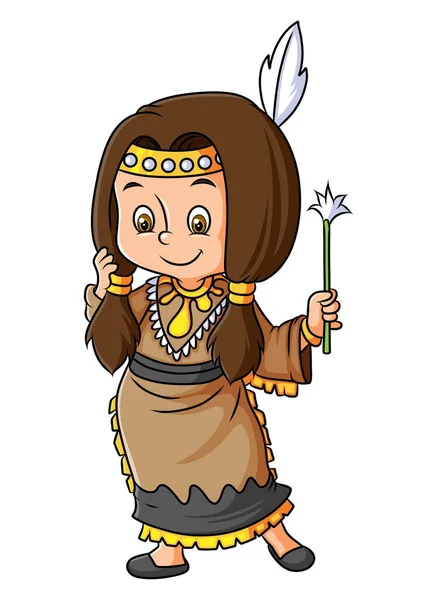 Petite Fille Avec Costume Indien Tient Bâton Plume Illustration — Image vectorielle