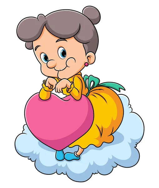 Γριά Κρατάει Την Κούκλα Του Έρωτα Και Κάθεται Στο Σύννεφο — Διανυσματικό Αρχείο