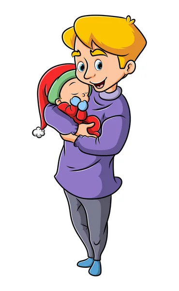 Young Father Carrying Baby Hugging Baby Illustration — Stock Vector