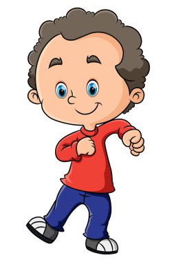 Şirin çocuk parlak resimli süveteriyle okula gitmeye hazır.