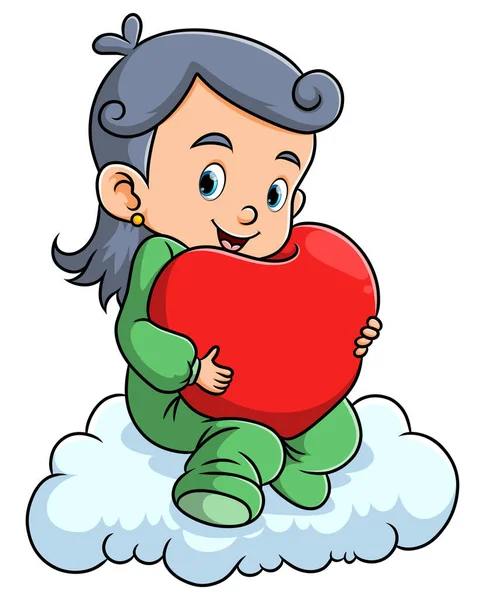 Niña Sostiene Amor Sienta Nube Ilustración — Vector de stock