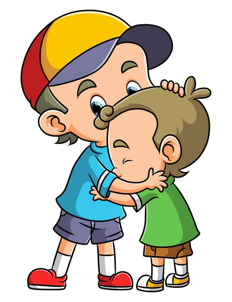 Happy Little Boy Hugging Big Brother Illustration — Stock Vector