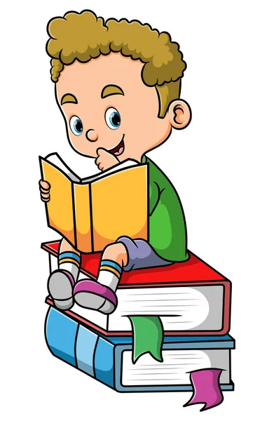 かわいい男の子は本を読んでイラストの本に座っています — ストックベクタ