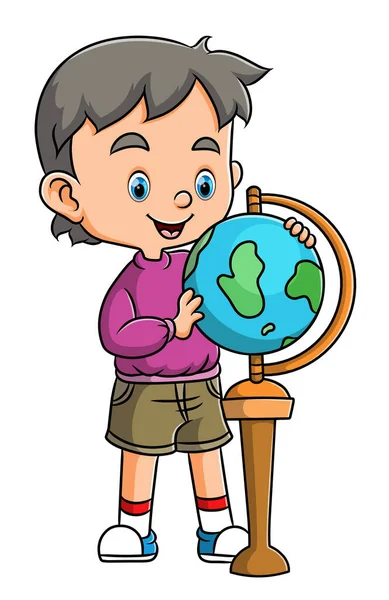 Little Student Holding Playing Globe Illustration — Stock Vector