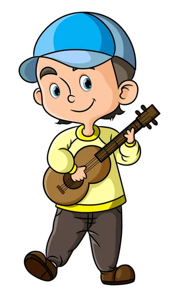 Hudebník Chlapec Hraje Dřevěnou Kytaru Zpívá Ilustrační Píseň — Stockový vektor